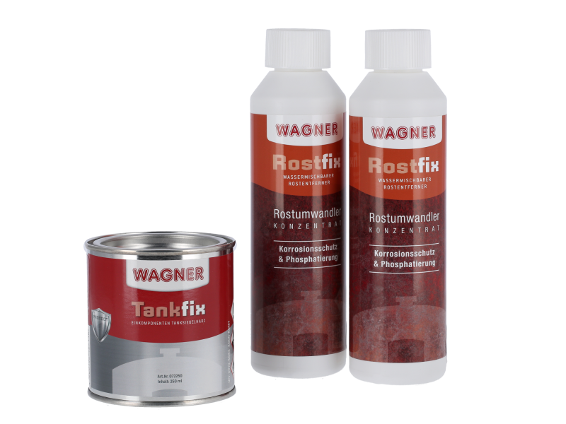 Fluid - Tankversiegelung im Set (3-teilig) - 2 x 250ml Rostumwandler + 250ml Spezialversiegelung mit Harz (WAGNER)