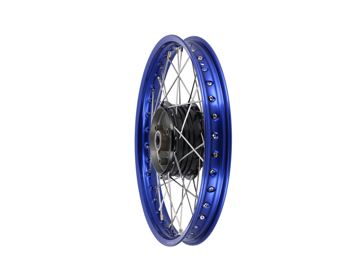 Speichenrad - 16 Zoll (Felge 1,50x16 Aluminium eloxiert (blau glänzend), Nabe Aluminium lackiert (schwarz glänzend), Speichensatz verchromt) 16" passend für alle Moped-Typen