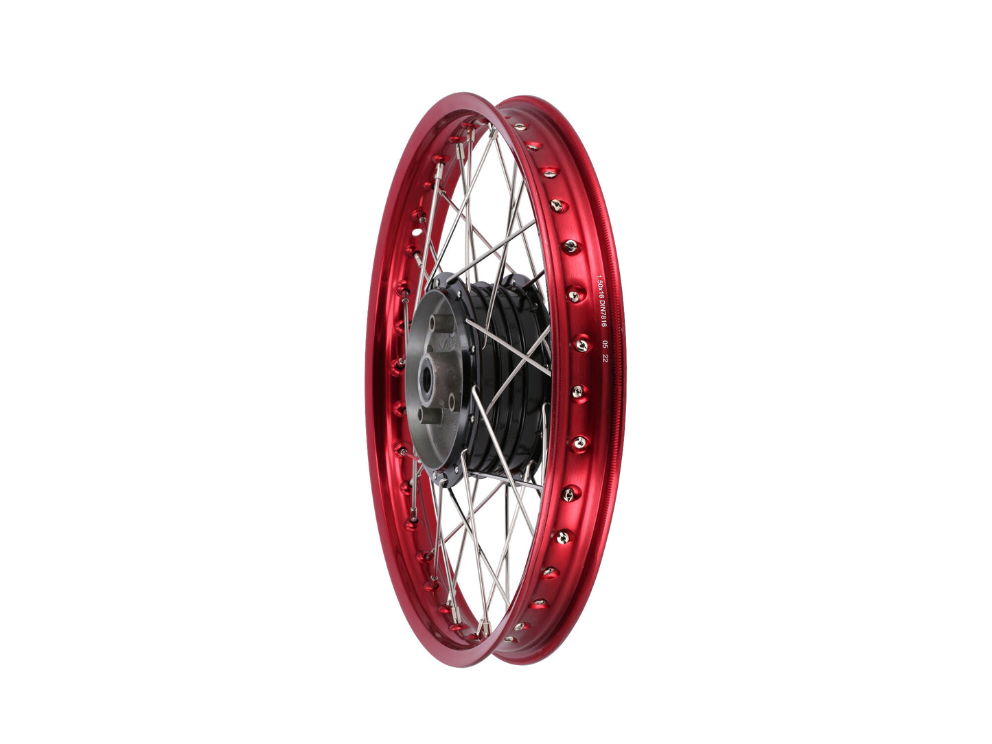 Speichenrad - 16 Zoll (Felge 1,50x16 Aluminium eloxiert (rot glänzend), Nabe Aluminium lackiert (schwarz glänzend), Speichensatz verchromt) 16" passend für alle Moped-Typen