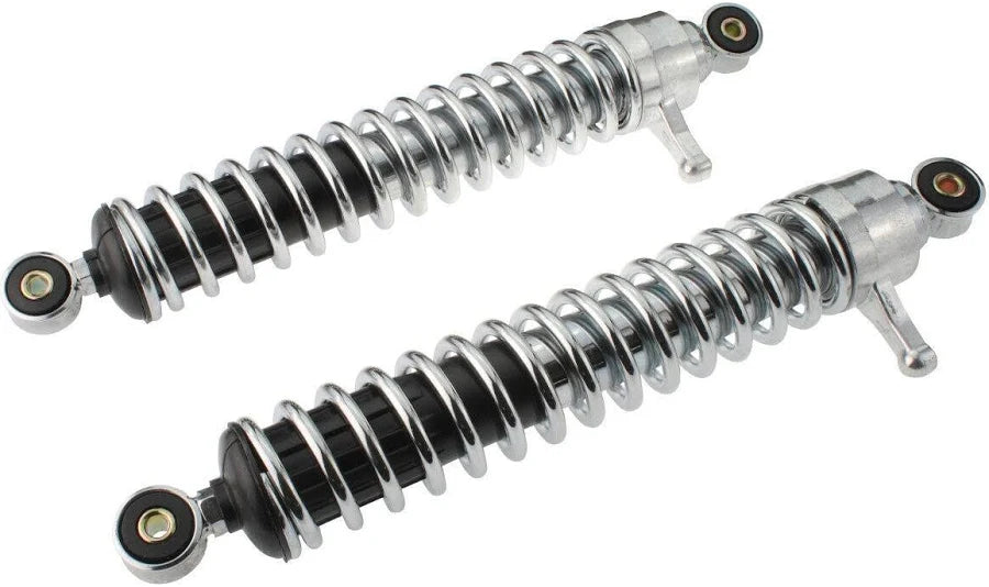 Federbeine hinten im Satz (links & rechts) 2-fach verstellbar "Enduro" (Abstand 380mm) Stoßdämpfer verchromt, Druckfeder verchromt passend für S50, S51E, S70E, S53E, S83E (Import)