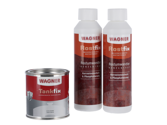 Fluid - Tankversiegelung im Set (3-teilig) - 2 x 250ml Rostumwandler + 250ml Spezialversiegelung mit Harz (WAGNER)