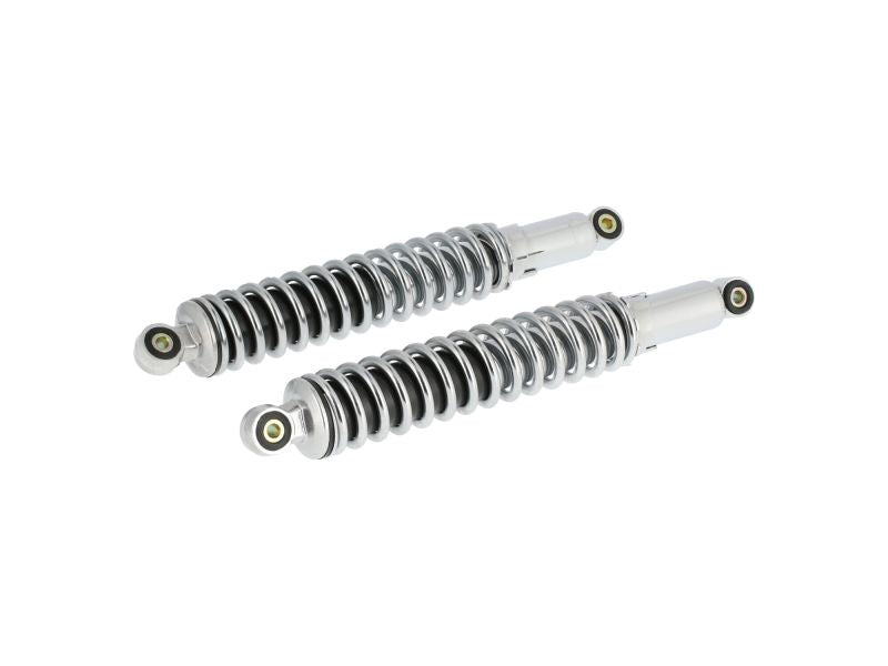 Federbeine hinten 2er Set (links & rechts) 5-fach verstellbar (Abstand 365mm) Stoßdämpfer verchromt, Druckfeder verchromt "Sport" neue Bauart passend für S50, S51, S70, SR50, SR80, S53, S83