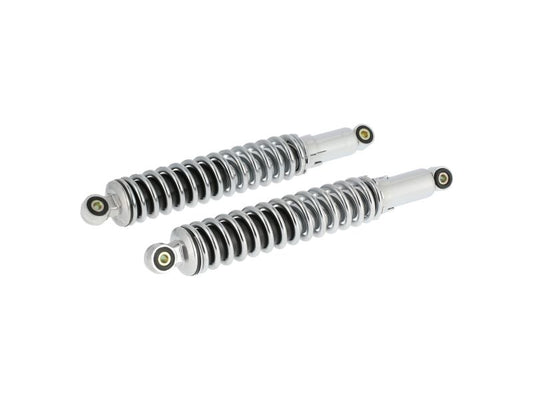 Federbeine hinten 2er Set (links & rechts) 5-fach verstellbar (Abstand 365mm) Stoßdämpfer verchromt, Druckfeder verchromt "Sport" neue Bauart passend für S50, S51, S70, SR50, SR80, S53, S83