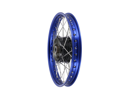 Speichenrad - 16 Zoll (Felge 1,50x16 Aluminium eloxiert (blau glänzend), Nabe Aluminium lackiert (schwarz glänzend), Speichensatz verchromt) 16" passend für alle Moped-Typen