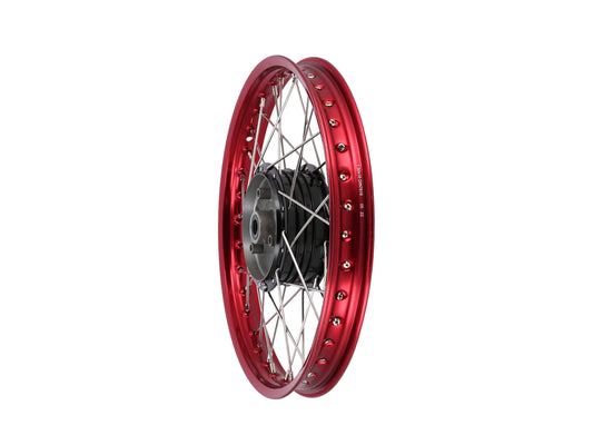 Speichenrad - 16 Zoll (Felge 1,50x16 Aluminium eloxiert (rot glänzend), Nabe Aluminium lackiert (schwarz glänzend), Speichensatz verchromt) 16" passend für alle Moped-Typen