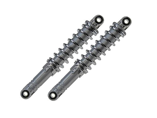 Federbeine hinten 2er Set (links & rechts) 5-fach verstellbar (Abstand 365mm) Stoßdämpfer verchromt, Druckfeder verchromt "Sport" neue Bauart passend für S50, S51, S70, SR50, SR80, S53, S83
