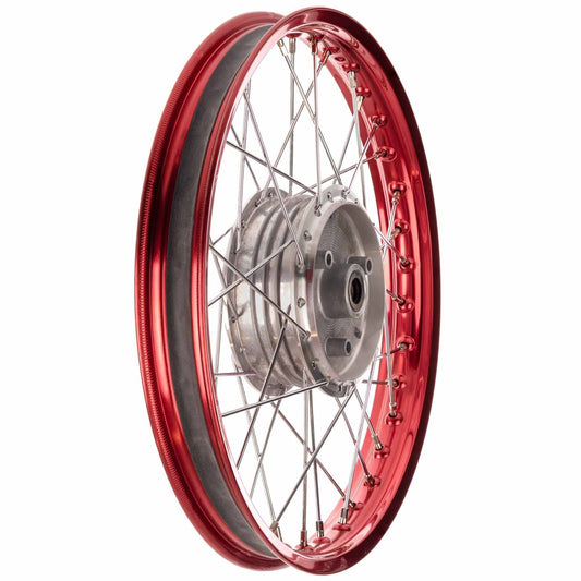 Speichenrad - 16 Zoll (Felge 1,50x16 Aluminium eloxiert (rot glänzend), Nabe Aluminium roh / unbehandelt, Speichensatz Edelstahl) 16" passend für alle Moped-Typen