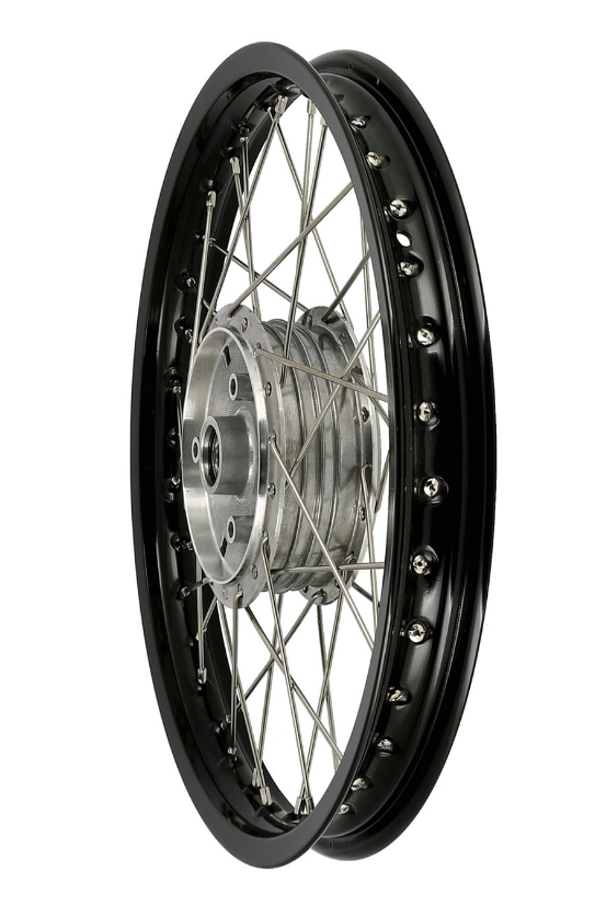 Speichenrad - 16 Zoll (Felge 1,50x16 Aluminium eloxiert (schwarz glänzend), Nabe Aluminium roh / unbehandelt (Tuning), Speichensatz Edelstahl) 16" passend für alle Moped-Typen Rich-Text-Editor