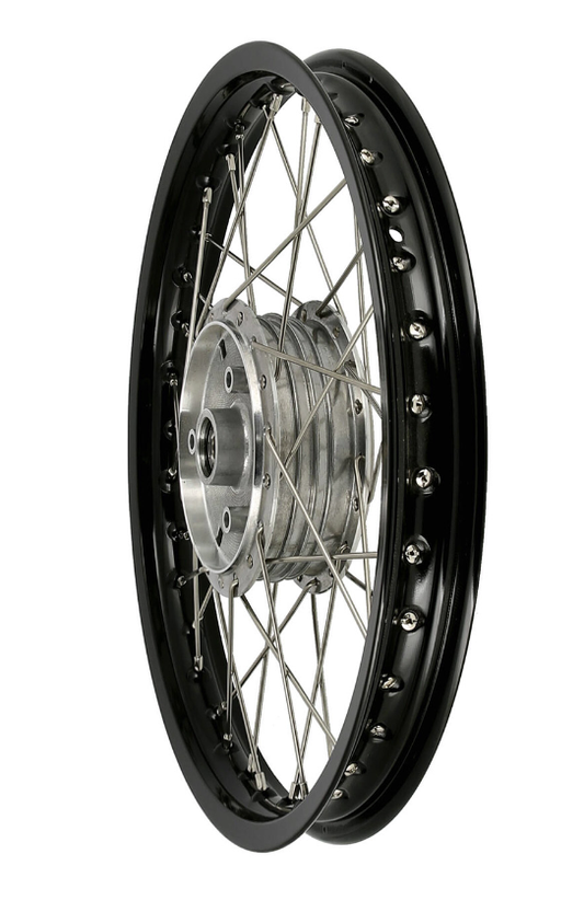 Speichenrad - 16 Zoll (Felge 1,50x16 Aluminium eloxiert (schwarz glänzend), Nabe Aluminium roh / unbehandelt (Tuning), Speichensatz Edelstahl) 16" passend für alle Moped-Typen Rich-Text-Editor