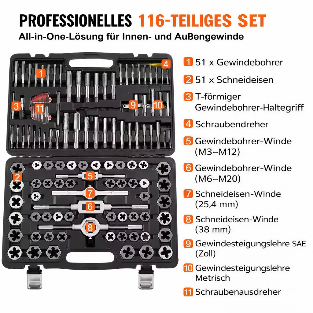 116-teiliges Gewindeschneider- und Gewindebohrer Set