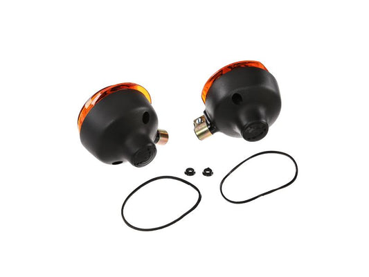 Blinker / Blinkleuchten, vordere Ø80 im Satz (links & rechts) Lichtaustritt orange, Lampenträger schwarz (E-Prüfzeichen) passend für S50, S51, S70, SR50, SR80, MZ ETS, TS, ETZ