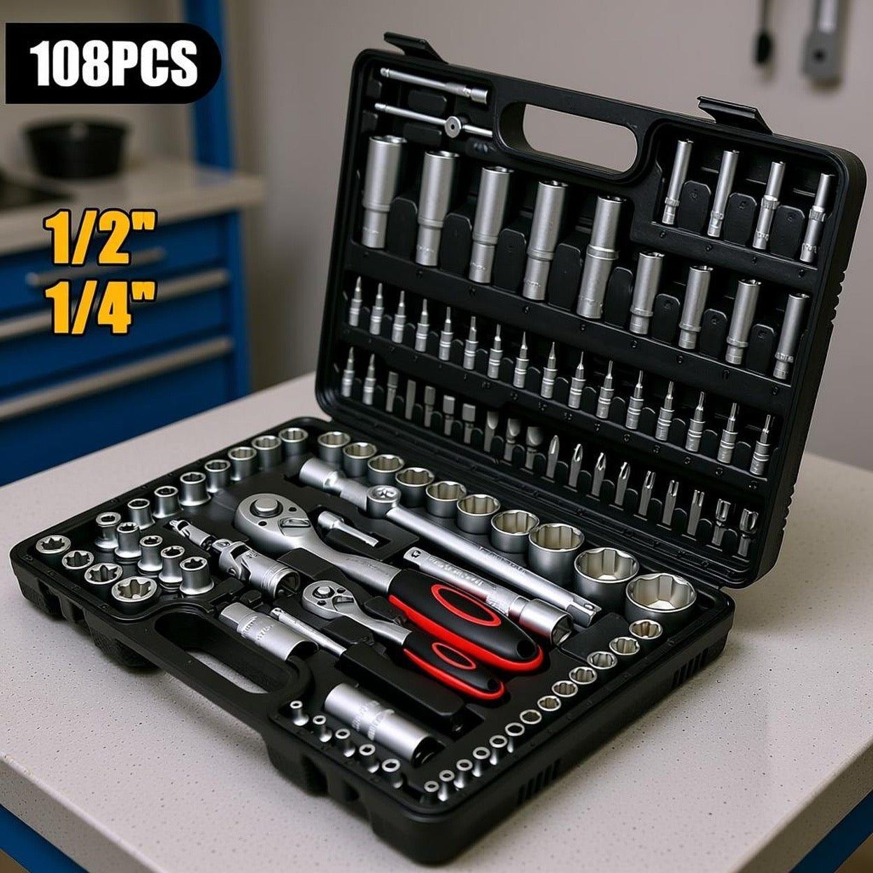 108-teiliges Ratschen-Steckschlüssel-Set, Auto-Reparatur-Werkzeug, Drehmomentschlüssel-Kombi-Set, 1/4 Zoll 1/2″ Ratschenschlüssel, Schraubendreher-Bits, Handwerkzeug