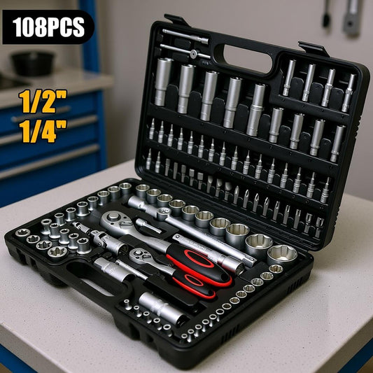 108-teiliges Ratschen-Steckschlüssel-Set, Auto-Reparatur-Werkzeug, Drehmomentschlüssel-Kombi-Set, 1/4 Zoll 1/2″ Ratschenschlüssel, Schraubendreher-Bits, Handwerkzeug