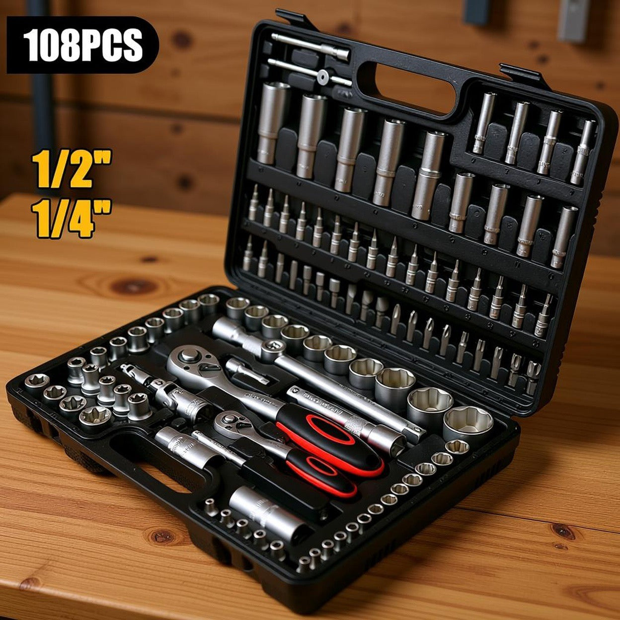 108-teiliges Ratschen-Steckschlüssel-Set, Auto-Reparatur-Werkzeug, Drehmomentschlüssel-Kombi-Set, 1/4 Zoll 1/2″ Ratschenschlüssel, Schraubendreher-Bits, Handwerkzeug