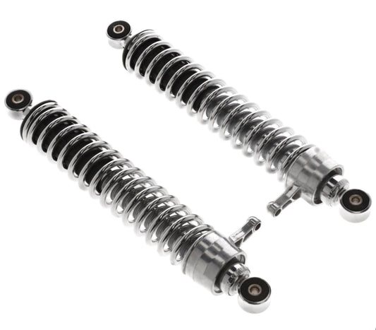 Federbeine hinten im Satz (links & rechts) 2-fach verstellbar "Enduro" (Abstand 380mm) Stoßdämpfer verchromt, Druckfeder verchromt passend für S50, S51E, S70E, S53E, S83E (Import)