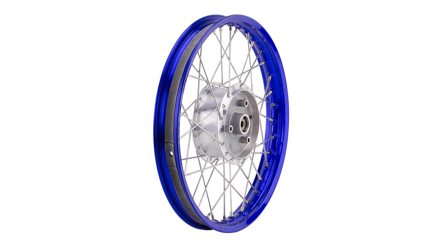 Speichenrad - 16 Zoll (Felge 1,50x16 Aluminium eloxiert (blau glänzend), Nabe Aluminium roh / unbehandelt (Tuning), Speichensatz Edelstahl) 16" passend für alle Moped-Typen
