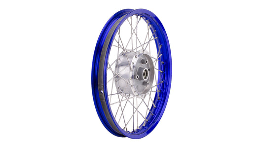 Speichenrad - 16 Zoll (Felge 1,50x16 Aluminium eloxiert (blau glänzend), Nabe Aluminium roh / unbehandelt (Tuning), Speichensatz Edelstahl) 16" passend für alle Moped-Typen