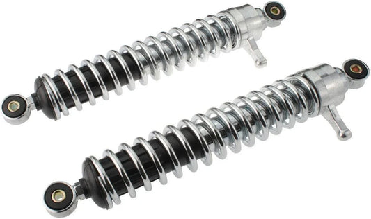 Federbeine hinten im Satz (links & rechts) 2-fach verstellbar "Enduro" (Abstand 380mm) Stoßdämpfer verchromt, Druckfeder verchromt passend für S50, S51E, S70E, S53E, S83E (Import)