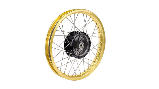 Speichenrad - 16 Zoll (Felge 1,50x16 Aluminium eloxiert (gold glänzend), Nabe Aluminium lackiert (schwarz glänzend), Speichensatz verchromt) 16" passend für alle Moped-Typen