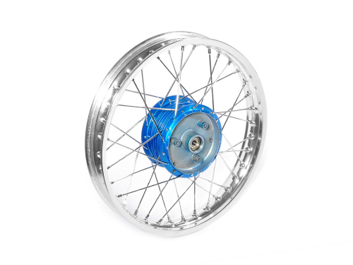 Speichenrad - 16 Zoll (Felge 1,50x16 Aluminium eloxiert (farblos glänzend), Nabe Aluminium lackiert (blau glänzend), Speichensatz verchromt) 16" passend für alle Moped-Typen